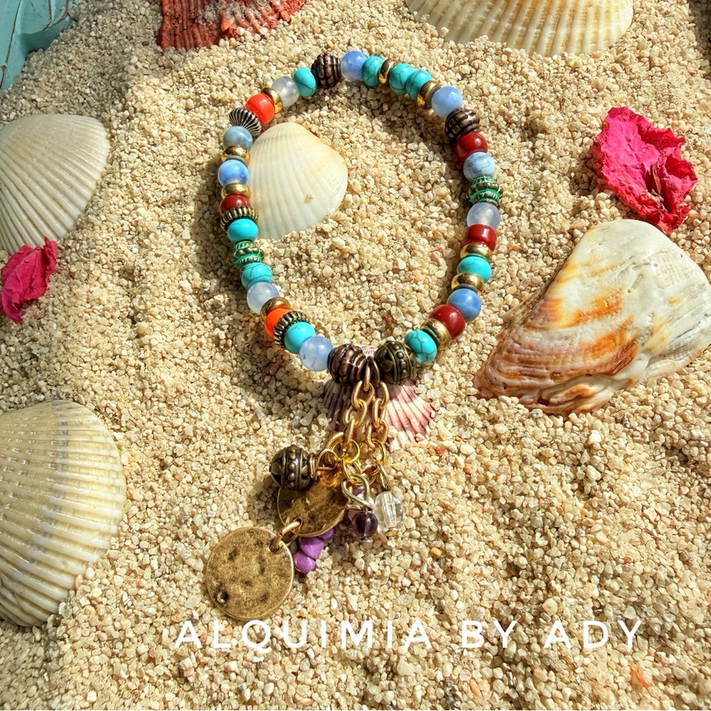 🌵💙 Turquoise & Gold Gemstones Charm Bracelet — Protection + Peace